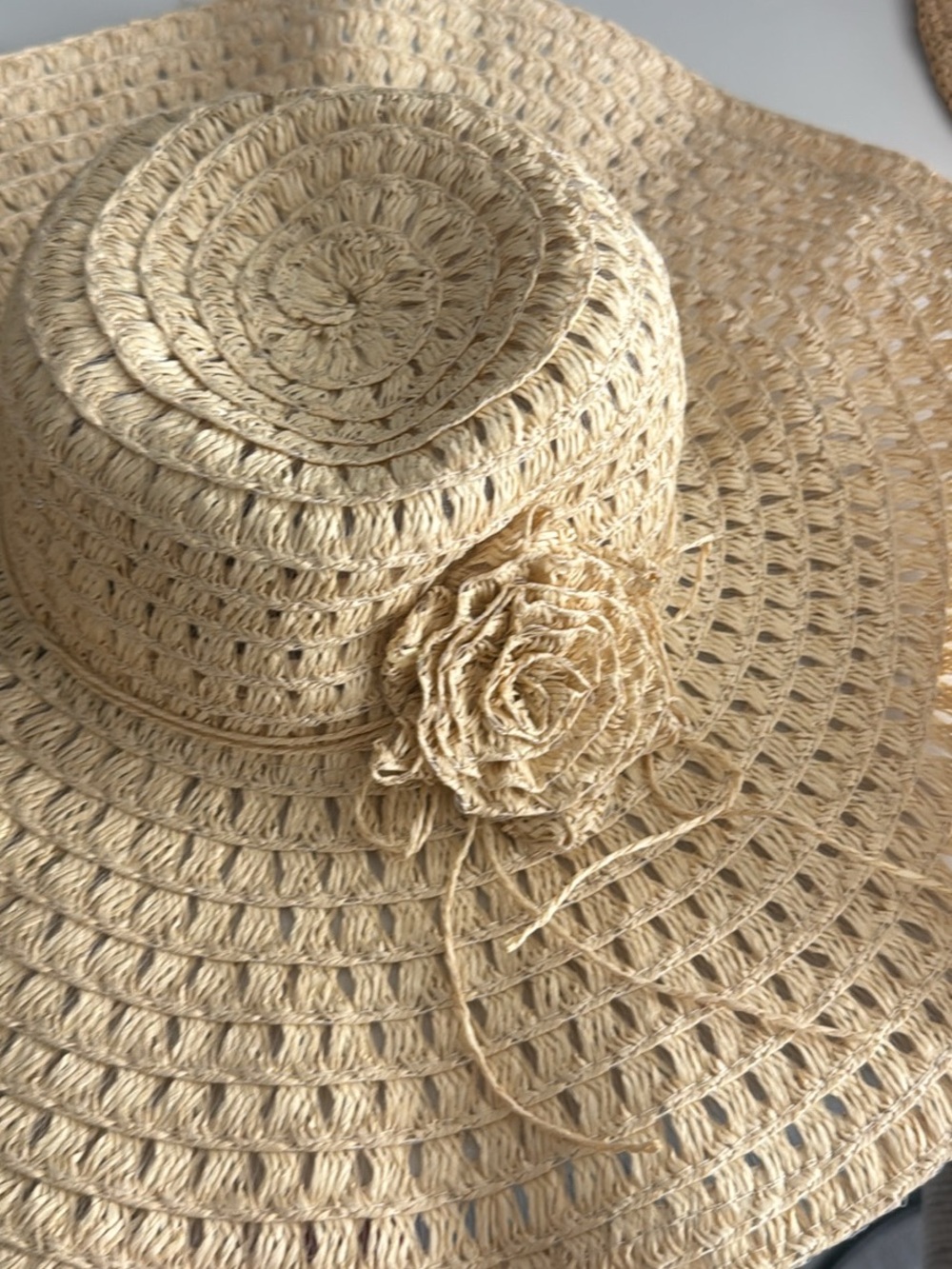 Crocheted Wide-Brim Sun Hat with Floral Accent - Natural Beige